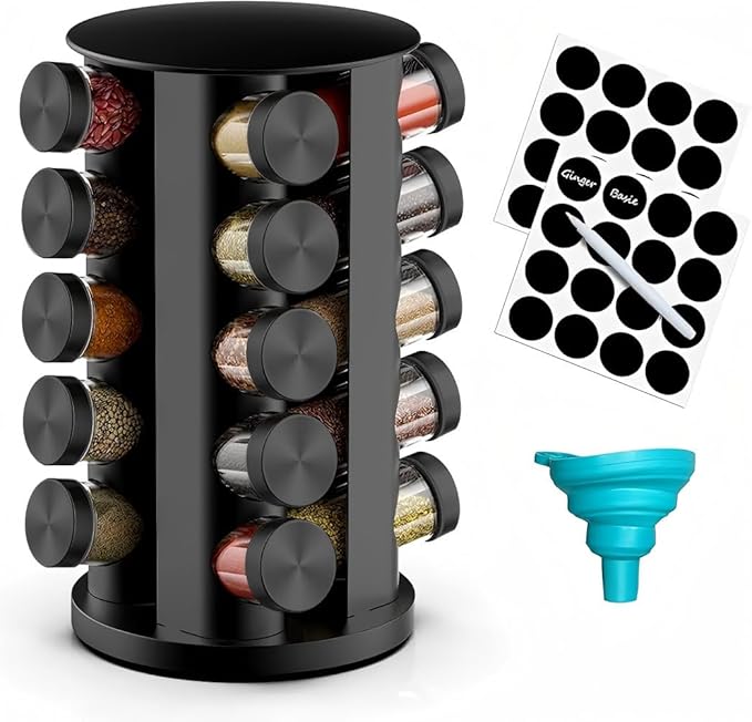 Rotating Spice Rack Organizer for Cabinet, Spice Racks Storage with 20 Jars, Spinning Spice rack for Kitchen Countertop, Spice Holder,Seasoing Storage Racks,Black