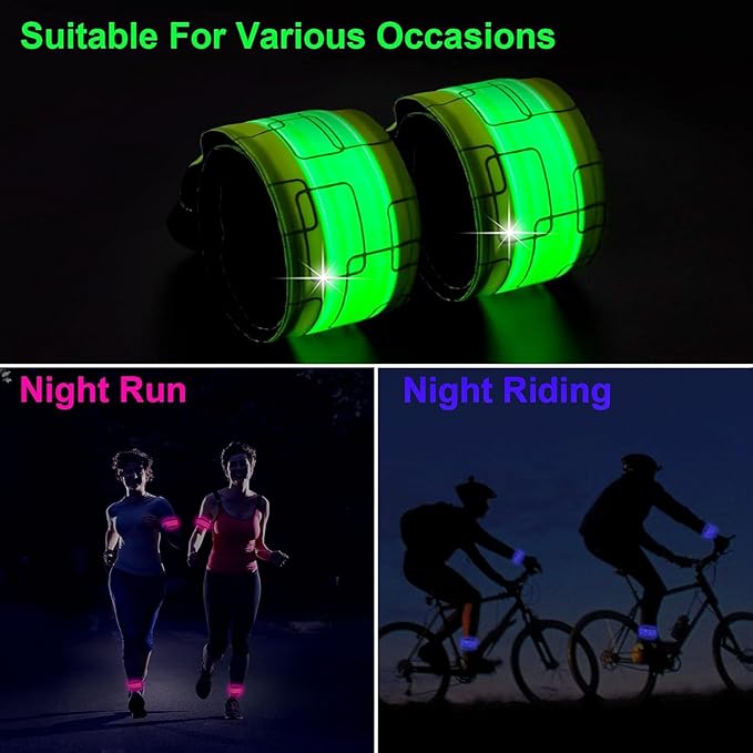 LED Safety Wristband Lights - Rechargeable Light Up Arm Ankle Band Kids Magic Slap Glow Bracelets Reflective Belt High Visibility for Night Cycling Walking Joggers Running Gear