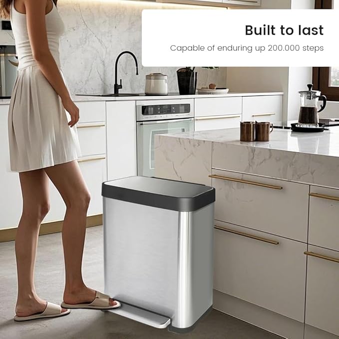 10 Gallon Stainless Steel Trash Can with Removable Inner Bucket, Soft Close Lid, and Hands-Free Foot Pedal - Modern Kitchen Waste Bin