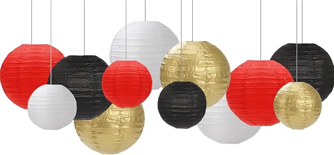 Black Red White Paper Lanterns Decorative 12pcs Party Hanging Decorations for Party Bridal Shower Wedding Baby Shower Graduation Anniversary Room Decor