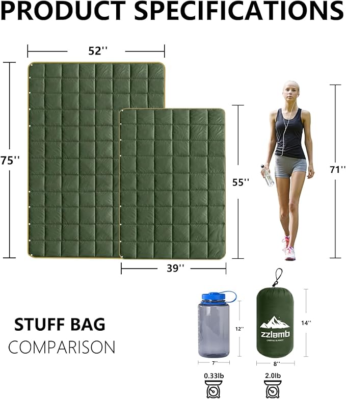 zzlamb Camping Blanket, Compact Lightweight Soft Puffy Blanket Water-Repellent, Packable Warm Quilt Down Alternative Picnic Hiking Backpacking Beach Travel RV Airplane Couch Car