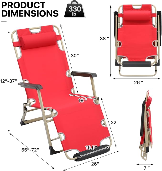 MoNiBloom Set of 2 Folding Reclining Patio Chairs, 3-Position Patio Lounger Folding Chairs with Footrest for Backyard Poolside Lawn, Red, 330lbs Capacity