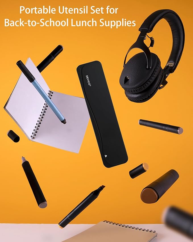 DEVICO Travel Utensils, 18/8 Stainless Steel 4pcs Cutlery Set Portable Camp Reusable Flatware Silverware, Include Fork Spoon Chopsticks with Case (Black)