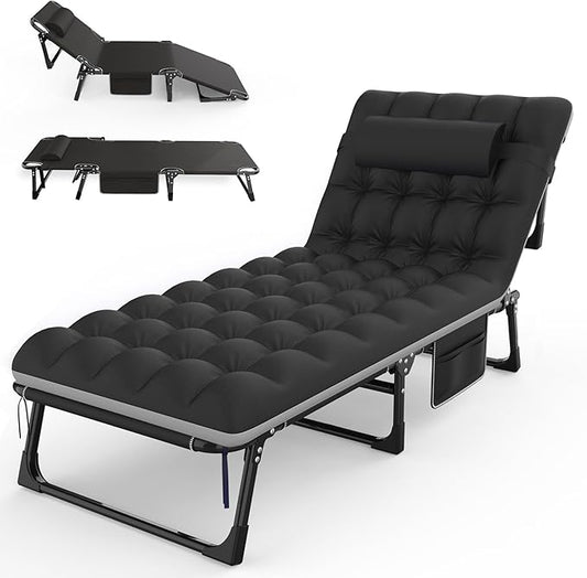 Suteck Camping Cot, 5+2 Positions Adjustable Reclining Folding Camping Cot Sleeping Bed Cots for Adults Outdoor Portable Chaise Lounge Chair W/Carry Bag Pillow Cushion for Home Nap Beach Travel