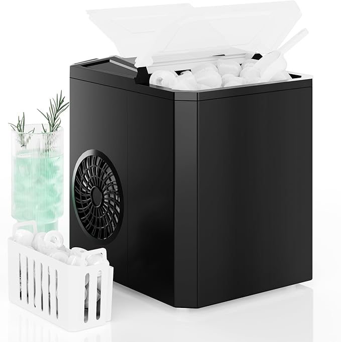 DUMOS Countertop Ice Maker, Portable 1.5L Ice Machine with Self-Cleaning, 26.5lbs/24H Fast Ice Making, 9 Bullet Ice Cubes in 6 Mins, 2 Size Options, Quiet Compact Ice Maker, Black