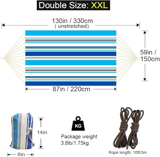 Double Hammock 2 Person Extra Large 330X150cm Load Capacity 600Pound Canvas Cotton Hammock for Patio Porch Garden Backyard Lounging Outdoor and Indoor XXL