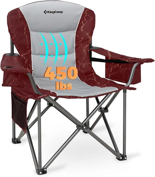 KingCamp Oversized Camping Folding Chair, Heavy Duty 450 LBS with Lumbar Support, Padded seat with Cup Holder&Cooler Bag, Ideal for Camp, Fishing, Sports Event, Backyard, Patio, Lawn(Lava Red)