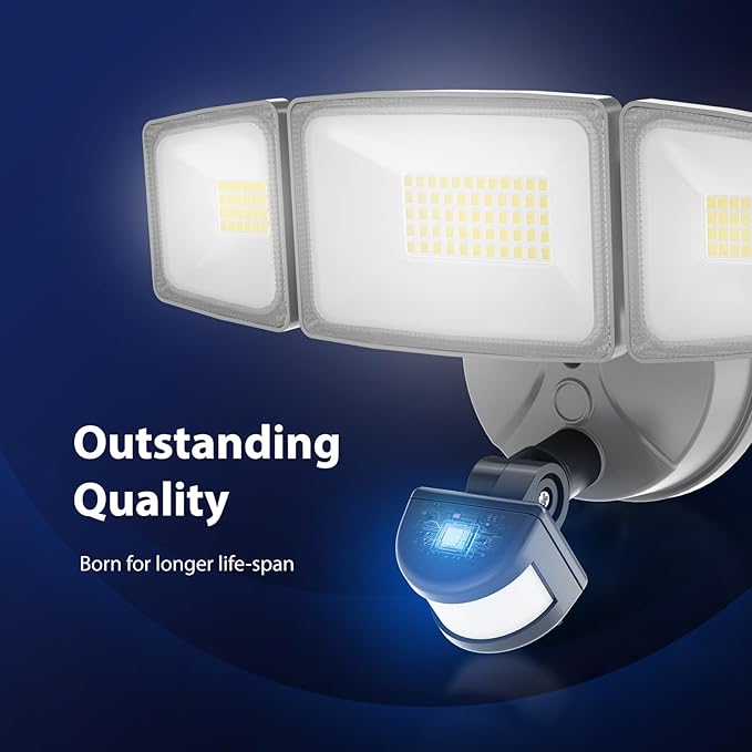 Onforu 65W LED Security Lights Motion Sensor Light Outdoor, 6500LM, 6500K, IP65 Waterproof, Flood Light Outdoor Motion Detector with Adjustable 3 Head, Hardwired Wall Light for Entryway, Yard (Gray)