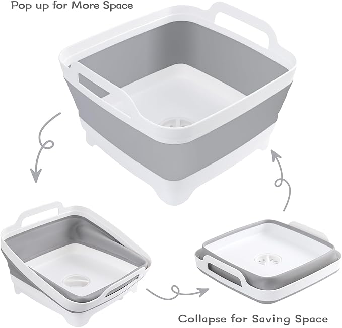 2 Packs Collapsible Dish Basin 2.4Gal Bottle Washing Basin Collapsible Wash Basin for Baby Bottles Portable Camping Sink with Drain Plug Plastic Space-Saving Dish Tub for RV Kitchen Beverage Tub