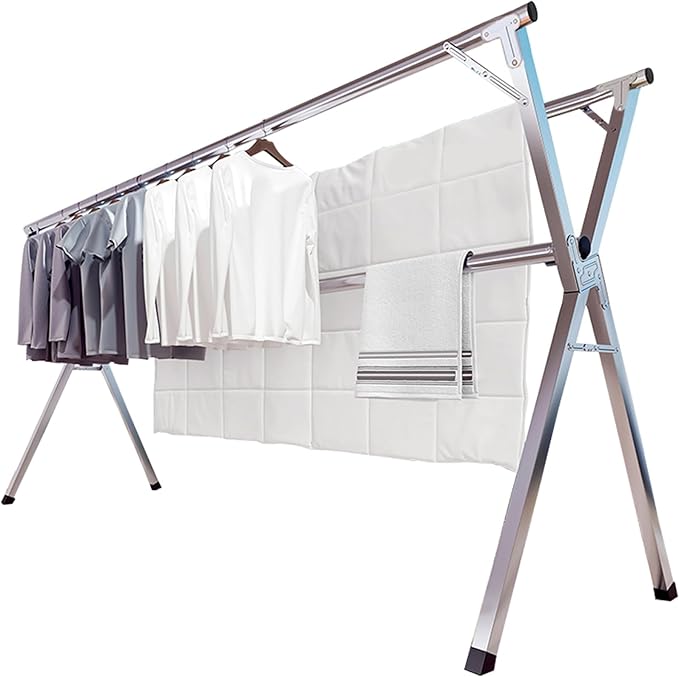 JAUREE 79 Inches Clothes Drying Rack, Drying Rack Clothing Folding Indoor Outdoor, Heavy Duty Stainless Steel Laundry Rack, Foldable Portable Large Clothes Rack Garment Rack with 20 Windproof Hooks