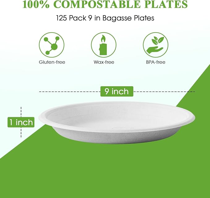 ECOLipak 125 Pack Paper Plates 9 inch 100% Compostable Plates Heavy-Duty Dinner Plates Disposable Bagasse Deep Dish Natural Biodegradable Eco-Friendly Sugarcane Plates(White)