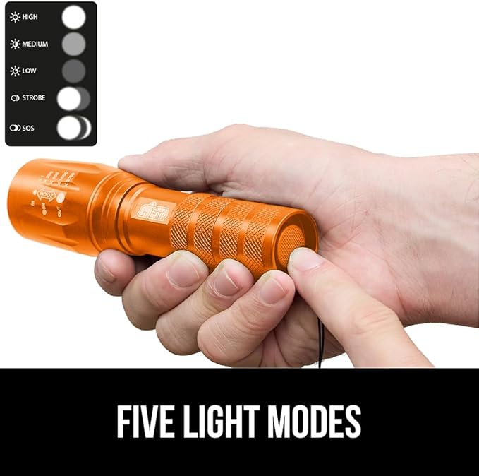 GORILLA GRIP Powerful LED Tactical Flashlight, 750 FT High Lumens 5 Adjustable Modes, Water Resistant, Ultra Bright Zoom Flashlights, Small Mini Flash Light, Camping, Night Dog Walking, 2 Pack Orange