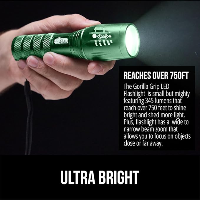 GORILLA GRIP Powerful LED Tactical Flashlight, 750 FT High Lumens 5 Adjustable Modes, Water Resistant, Ultra Bright Zoom Flashlights, Small Mini Flash Light, Camping, Night Dog Walking, Green