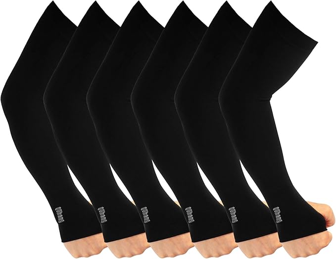 6 Pairs Arm Compression Sleeves for Women Men Outdoor UPF50 UV Protection Sun Sleeves Cooling Tattoo Black Sleeve with Thumb Hole