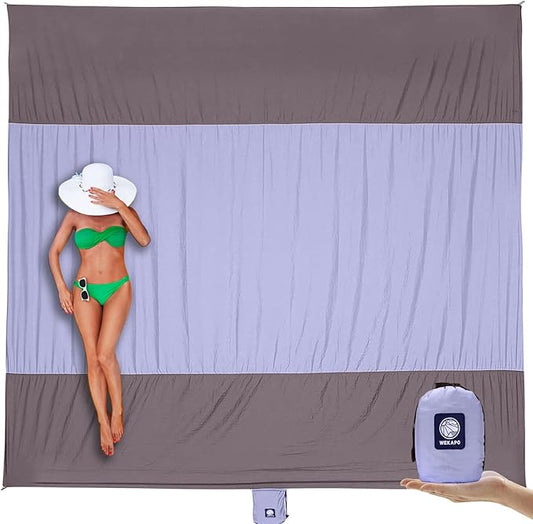 WEKAPO Beach Blanket Sandproof Waterproof, Extra Large Beach Mat, Oversized & Compact Sand Free Mat Quick Drying, Lightweight & Durable with 6 Stakes & 4 Corner Pockets