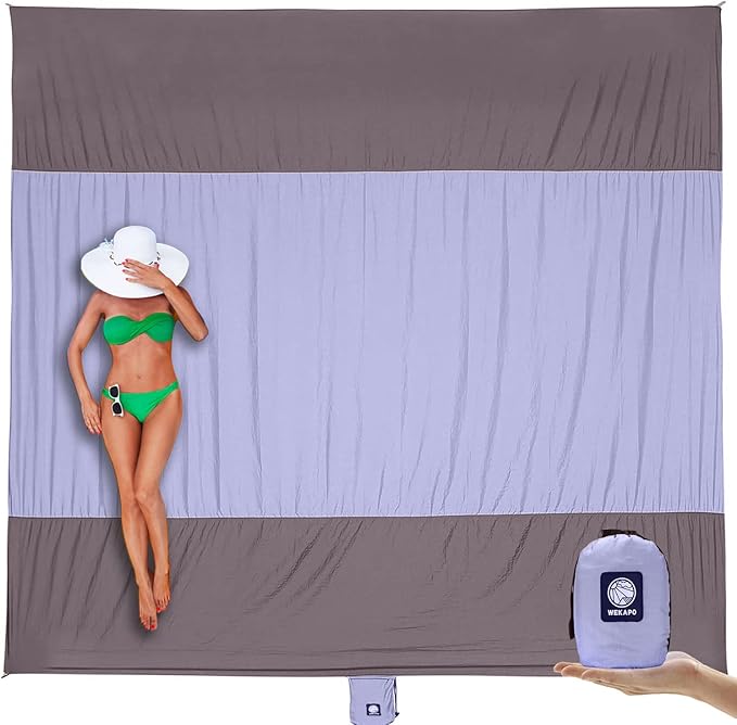 WEKAPO Beach Blanket Sandproof Waterproof, Extra Large Beach Mat, Oversized & Compact Sand Free Mat Quick Drying, Lightweight & Durable with 6 Stakes & 4 Corner Pockets