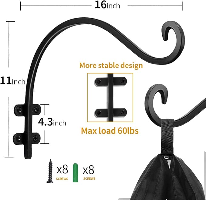 16 Inch Plant Hangers Outdoor 2 Pack Black, Heavy Duty Plant Hanging Bracket Hook for Flowers Baskets Planter Pots Bird Feeder Lanterns Wind Chimes Outdoor Indoor