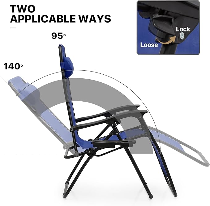 MoNiBloom Oversized Lounge Beach Chairs for Outside, 29" XL Zero Gravity Camping Chairs with Side Table, Pillow and Tray, 330lbs Capacity, Blue