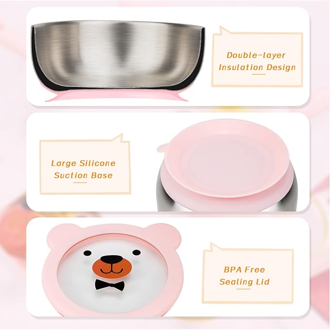 MR. CHOU Food-Grade Stainless Steel Baby Bowls with Leakproof Tempered Glass Lid, First Stage Baby Led Weaning Supplies for Boys & Girls, Silicone Suction Bowls for Baby Feeding (Pink)
