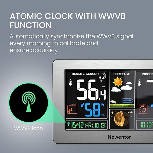 Newentor Weather Station Wireless Indoor Outdoor Thermometer, Color Display Digital Weather Thermometer with Atomic Clock, Barometric Pressure, Forecast Station with Adjustable Backlight, Sliver