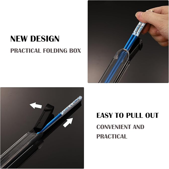 Metal Chopsticks Reusable 1 Pair Stainless Steel Travel Chopsticks Dishwasher Safe Square Lightweight Non-Slip Chop Sticks with case(Blue)