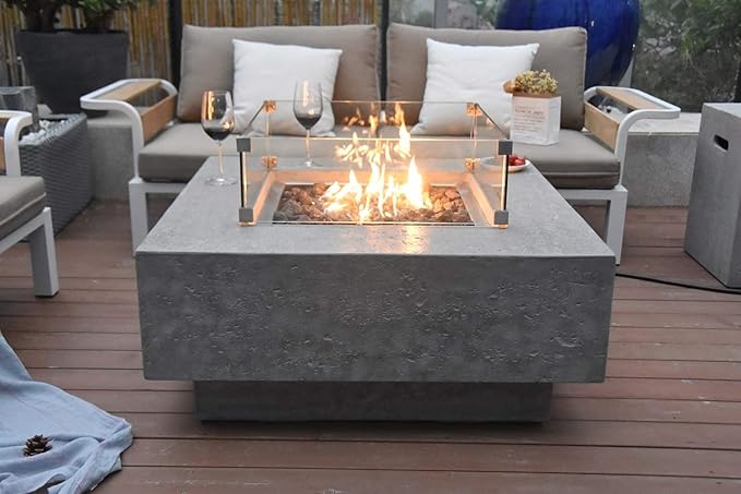 Elementi | Manhattan Gas Fire Pit Cast Concrete 36" Square Fire Table, Outdoor Fire Pit Electronic Ignition | Canvas Cover, Lava Rock Included | Light Gray (Natural Gas)