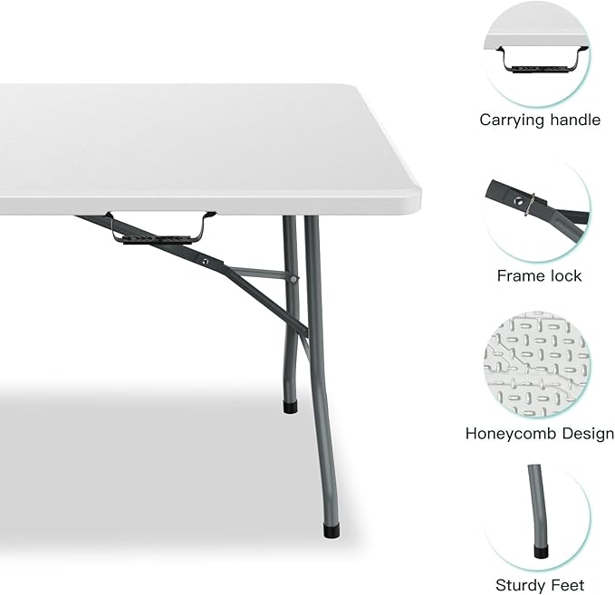 FWTI Deal 6 Feet Foldable Table & Tablecloth Set, Built in Carrying Handle & Alloy Steel Legs, Heavy Duty Portable for Party, Dining, Wedding, Picnic, Camping, Utility, White (Table&Tablecloth)