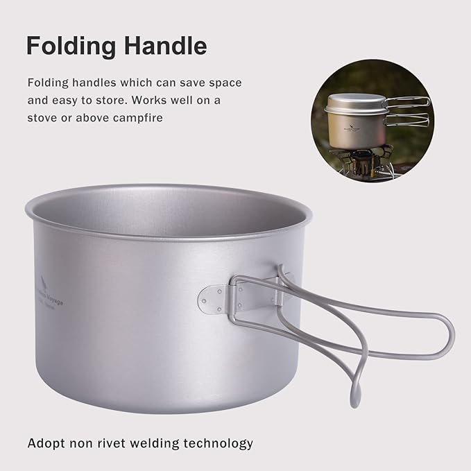 Boundless Voyage Outdoor Titanium Pot with Pan Set with Collapsible Folding Handle for Outdoor Camping Cooking Hiking Backpacking Portable Cookware