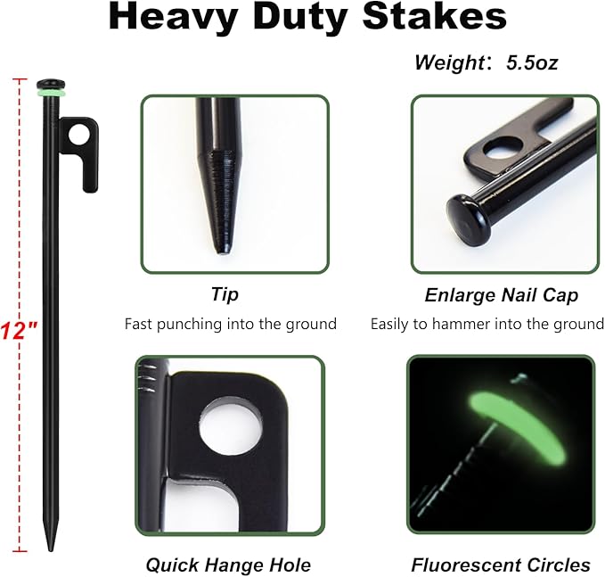 32Pcs Tent Stakes, 12in Heavy Duty Tent Stakes with Storage Pouch, Forged Steel Tent Sakes Metal, Metal Stakes for Tent Used on Grassland, Snowfield, Dessert(32Pcs, 12in, Diameter 3/8")