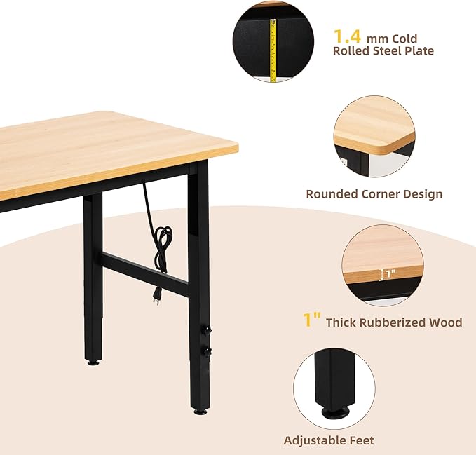 48" Adjustable Workbench with Power Outlets, Work Table for Garage, 2000 LBS Capacity Hardwood Work Bench, Heavy Duty Table for Workshop, Office, Garage, Home