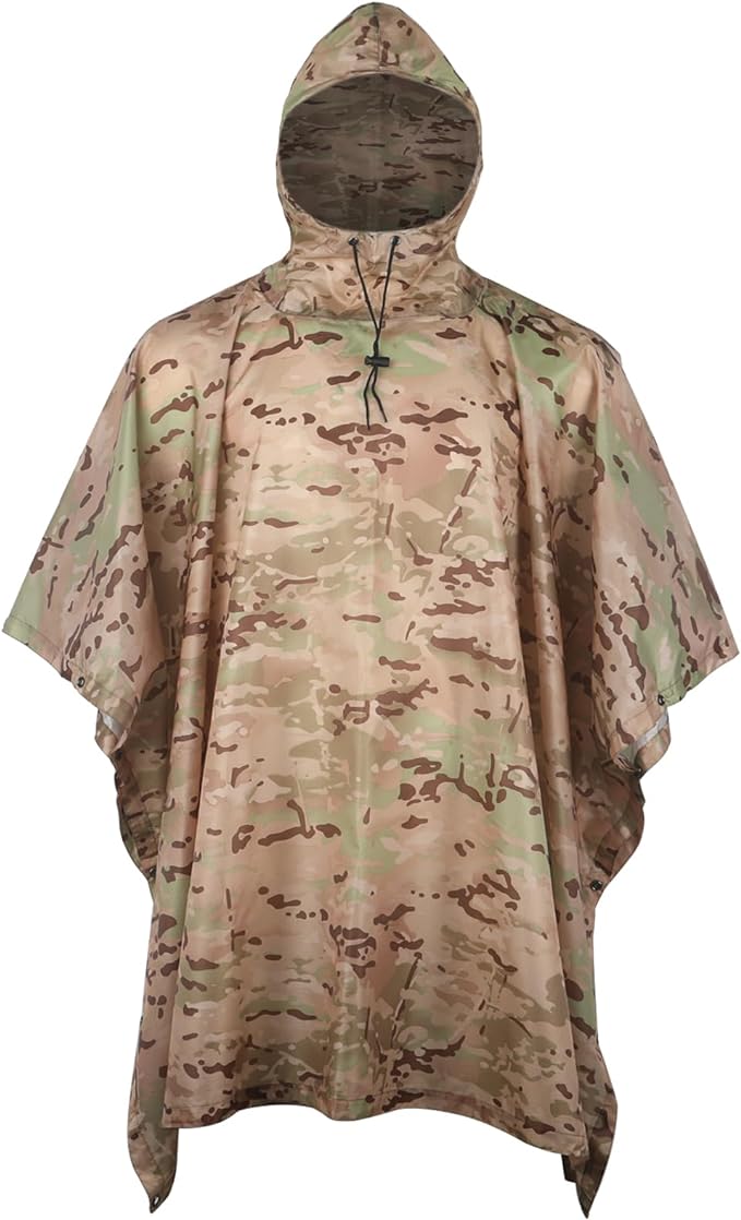 GRVCN Military Rain Poncho, Camouflage Raincoat Outdoor Waterproof Lightweight