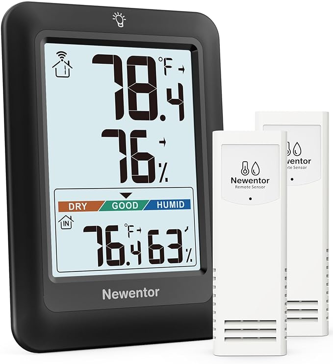 Newentor Indoor Outdoor Thermometer Wireless, Remote Temperature Monitor Hygrometer, Outside Inside Thermometers with Comfort Indicator, 4 Inch Screen, 328ft Range for Home Patio, Black with 2 Sensors