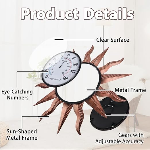 VEWOGITF 14" Sun Outdoor Thermometer, Retro Indoor Wall Thermometer No Need Battery, Metal Thermomter for Patio Garden Living Room Decor