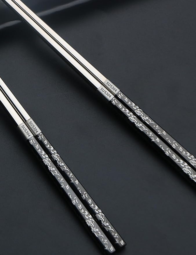 Metal Chopsticks Reusable, 3 Pairs Chop Sticks Reusable Dishwasher Safe, Titanium Plated Non-Slip Stainless Steel Chopsticks Present Set (Black Silver)