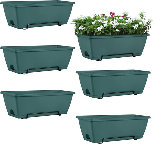 HAITRAL Railing Planter Boxes (16.9 Inch, 6 Pack) Green Plastic Deck Rail Planters for Outdoor Plants, Hanging Window Boxes with Drainage Tray for Over Rail Porch Fence,Balcony & Home Decor