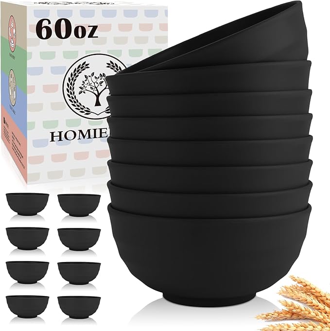 Homienly 60 OZ Salad Bowls,Large Soup Bowls Set of 8,Wheat Straw Bowl Sets,Unbreakable Large Serving Bowls,Big Cereal Bowl for Kitchen, Salad, Soup, Microwave and Dishwasher Safe Bowl - Black