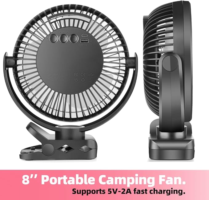8'' Rechargeable Portable Hanging RV Tent Clip fan with Remote, 10000mAh Camping Fan, 3 Speed, Max 40 Hours Working Time, with LED light and Timer, 720°Rotation, as Emergency Power - Black