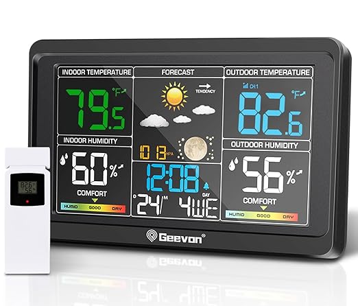 Geevon Weather Stations Wireless Indoor Outdoor Thermometer, Color VA Display Digital Weather Thermometer, Temperature Humidity Monitor with Barometer, Calendar, and Adjustable Backlight
