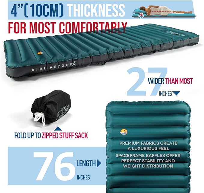 ZOOOBELIVES 3D Wrapping Inflatable Camping Sleeping Pad with Built-in Pump, Extra Thick and Wide, Ultimate Comfortable Compact Camp Air Mat for Tent, Car Traveling and Backpacking - Airlive2000X