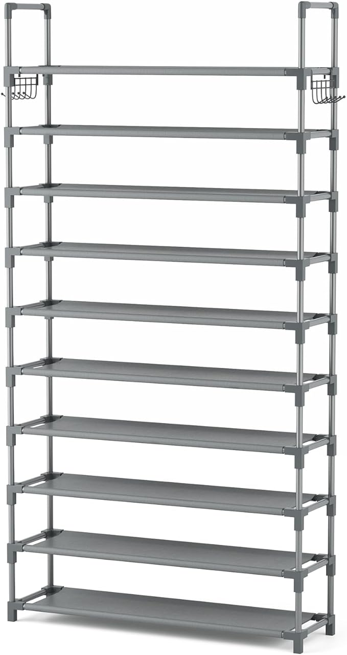 VTRIN 10 Tiers Shoe Rack Tall Large Capacity 50 Pairs Wide Shoe Organizer Sturdy Shoe Shelf for Entryway with Two Hooks Metal Shoe Storage for Closet, Bedroom, Grey