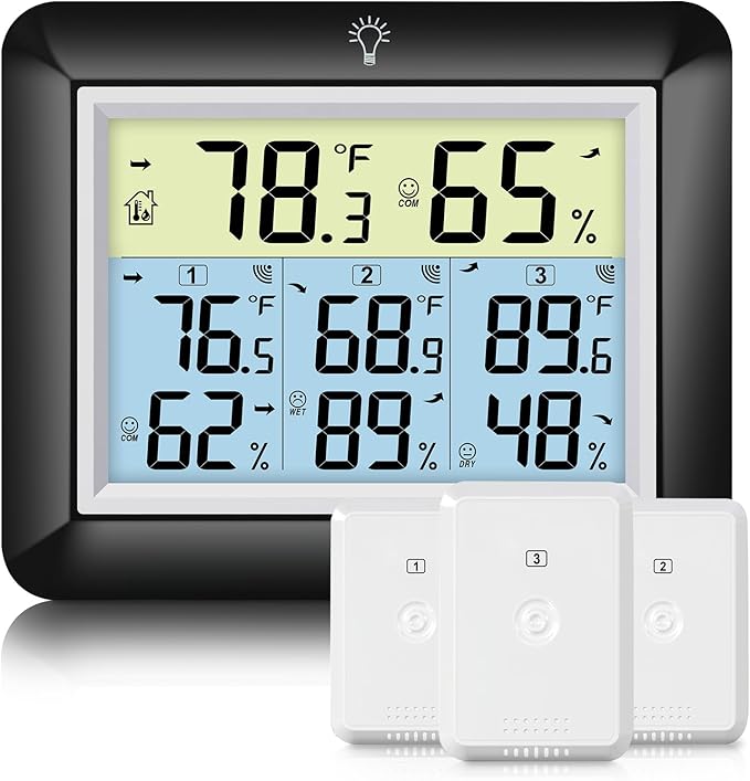 Urageuxy Wireless Indoor/Outdoor Thermometer Hygrometer, Digital Temperature and Humidity Monitor with 328ft Range Remote Sensor for Home, Greenhouse, Bedroom, Kitchen, Refrigerator, Black