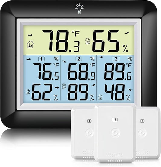 Urageuxy Wireless Indoor/Outdoor Thermometer Hygrometer, Digital Temperature and Humidity Monitor with 328ft Range Remote Sensor for Home, Greenhouse, Bedroom, Kitchen, Refrigerator, Black