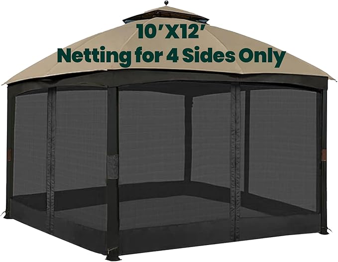Gazebo Universal Replacement Mosquito Netting, 10' x 12' Outdoor Canopy Net Screen 4-Panel Sidewall Curtain, with Zippers, Easy to Install, Fit for Most Gazebo 10x12 Canopy, Black