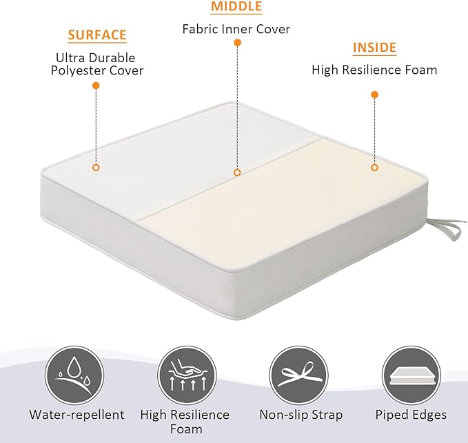 Square Corner Seat Cushions, 19" x 19" x 3", Set of 4, Indoor Outdoor Water Repellent Universal Chair Pads with Ties for Patio Furniture, Garden Deck Dining Chairs, Linen