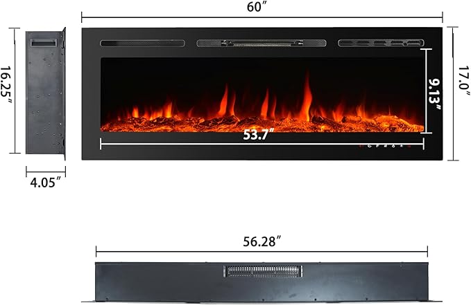 CharaVector 60 inch 750W/1500W Electric Fireplace Inserts with Remote Control in Wall Mounted, Energy Saving LED Insert Fireplace Heater Indoor Glass View with Remote Control & Touch Screen, Black