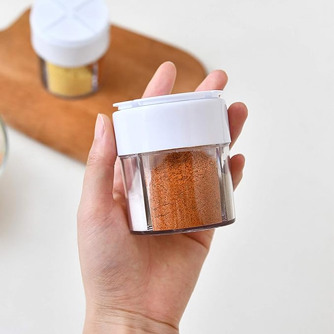 4-Pack 4 in 1 Salt and Pepper Shaker Jars Bottles, 4-Grid Flip Lid Spice Jars - Cylindrical Empty Plastic Seasoning Containers with Transparent Body for Travel Camping BBQ Kitchen Cooking (White)