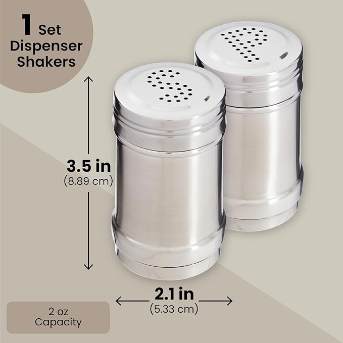2 oz Stainless Steel Metal Salt and Pepper Shakers Set for Kitchen, Dinner Table, Cooking, Travel, Refillable, Perforated "S" and "P" Caps (3.5 in)