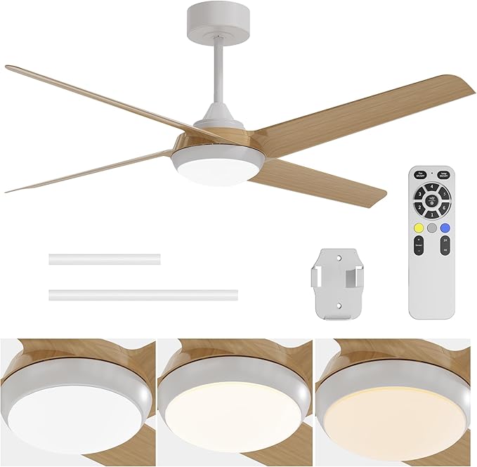 52 Inch Ceiling Fan with Light and Remote, 4 Blades, Quiet DC Motor, Reversible Fan with Dimmable LED Light, for Bedroom Living Room(Grain)