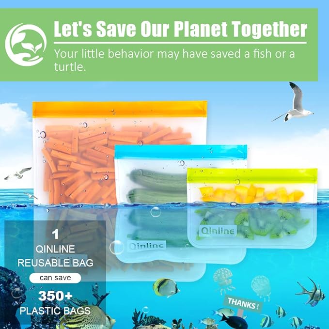 Reusable Storage Bags - 10 Pack BPA FREE Freezer Bags(2 Reusable Gallon Bags + 4 Leakproof Reusable Sandwich Bags + 4 THICK Reusable Snack Bags) Ziplock Lunch Bags for Food Marinate Meat Fruit Cereal