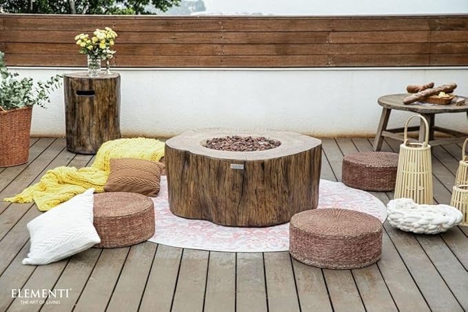 Elementi | Bundle Manchester Gas Fire Pit Cast Concrete Semi-Round Fire Table, Outdoor Fire Pit Electronic Ignition | Canvas Cover, Lava Rock Included | Red Wood (Propane Gas)